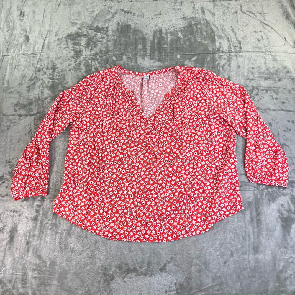 Old Navy Pop Over V-Neck Blouse Red with White Floral Pattern Womens Size XXL